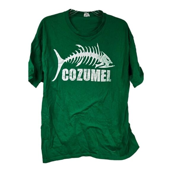 Men's XL Cozumel Green Fish bone Graphic Print Cotton Tee  Souvenior T-Shirt - Picture 1 of 5